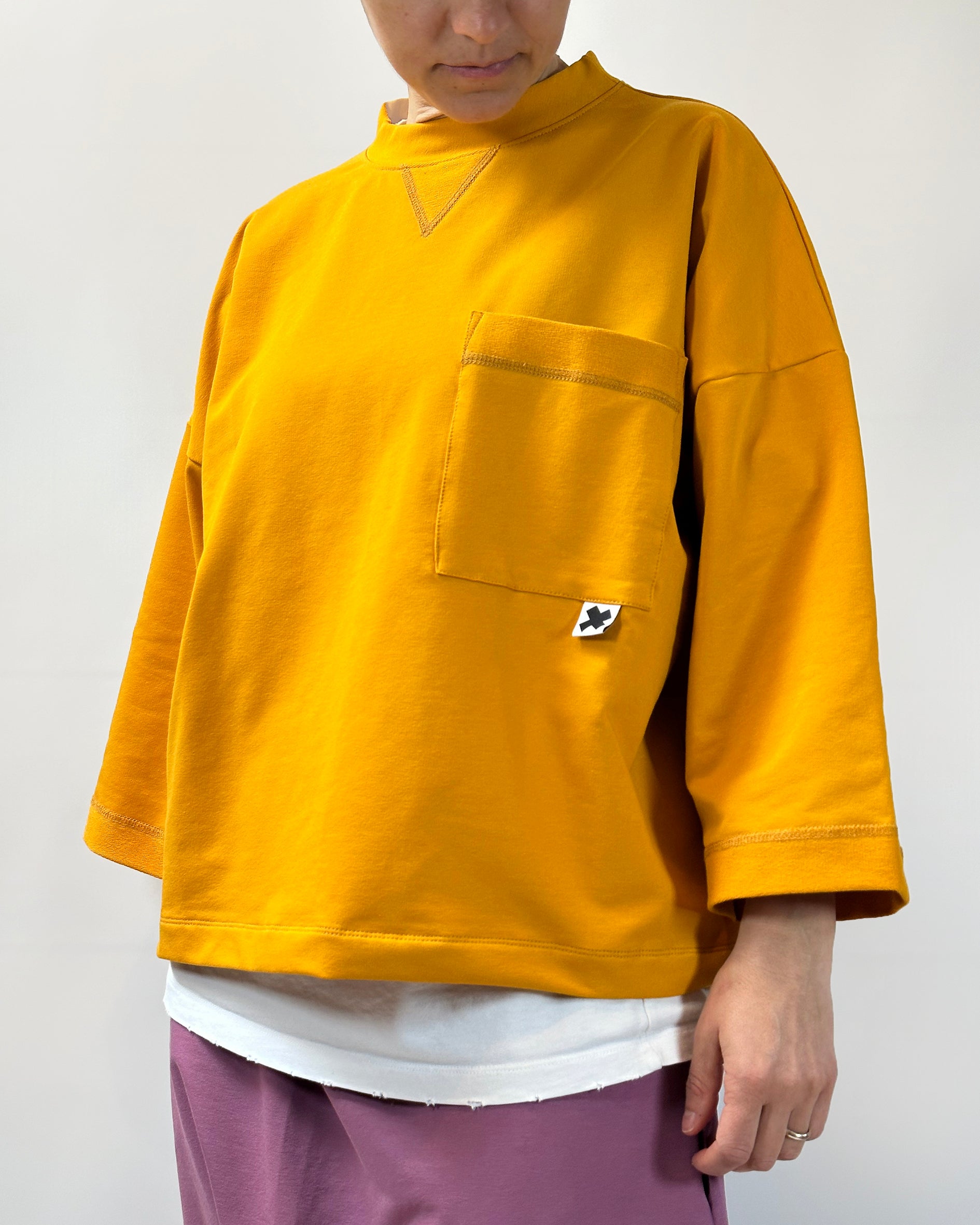 Felpa manica trequarti girocollo, ampia taglio dritto, cotone, Handmade