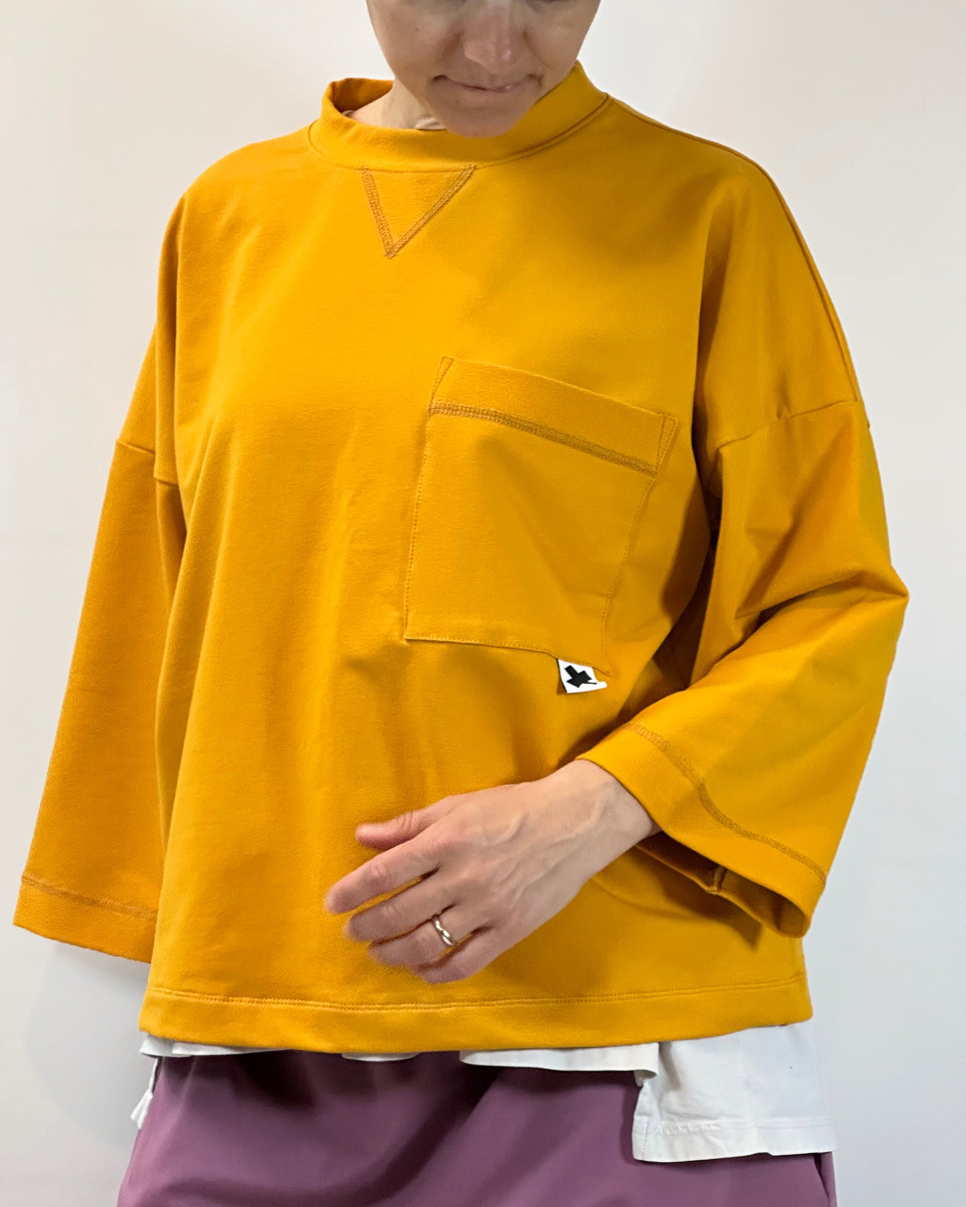 Felpa manica trequarti girocollo, ampia taglio dritto, cotone, Handmade