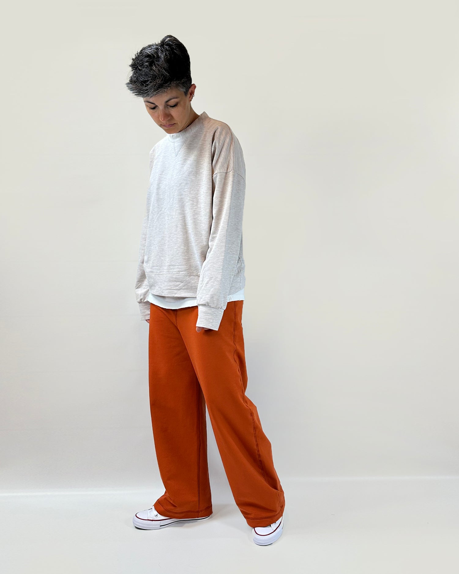 Pantalone a palazzo in cotone, cuciture a vista, elastico in vita, handmade