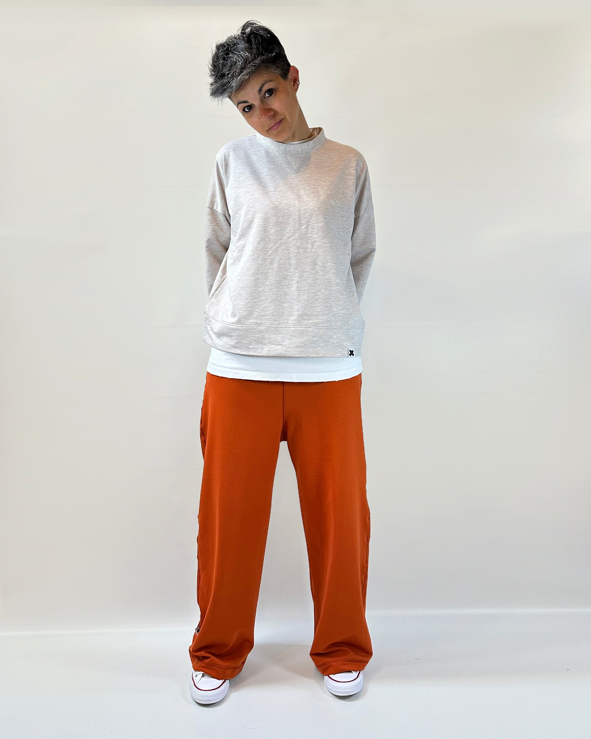Pantalone a palazzo in cotone, cuciture a vista, elastico in vita, handmade