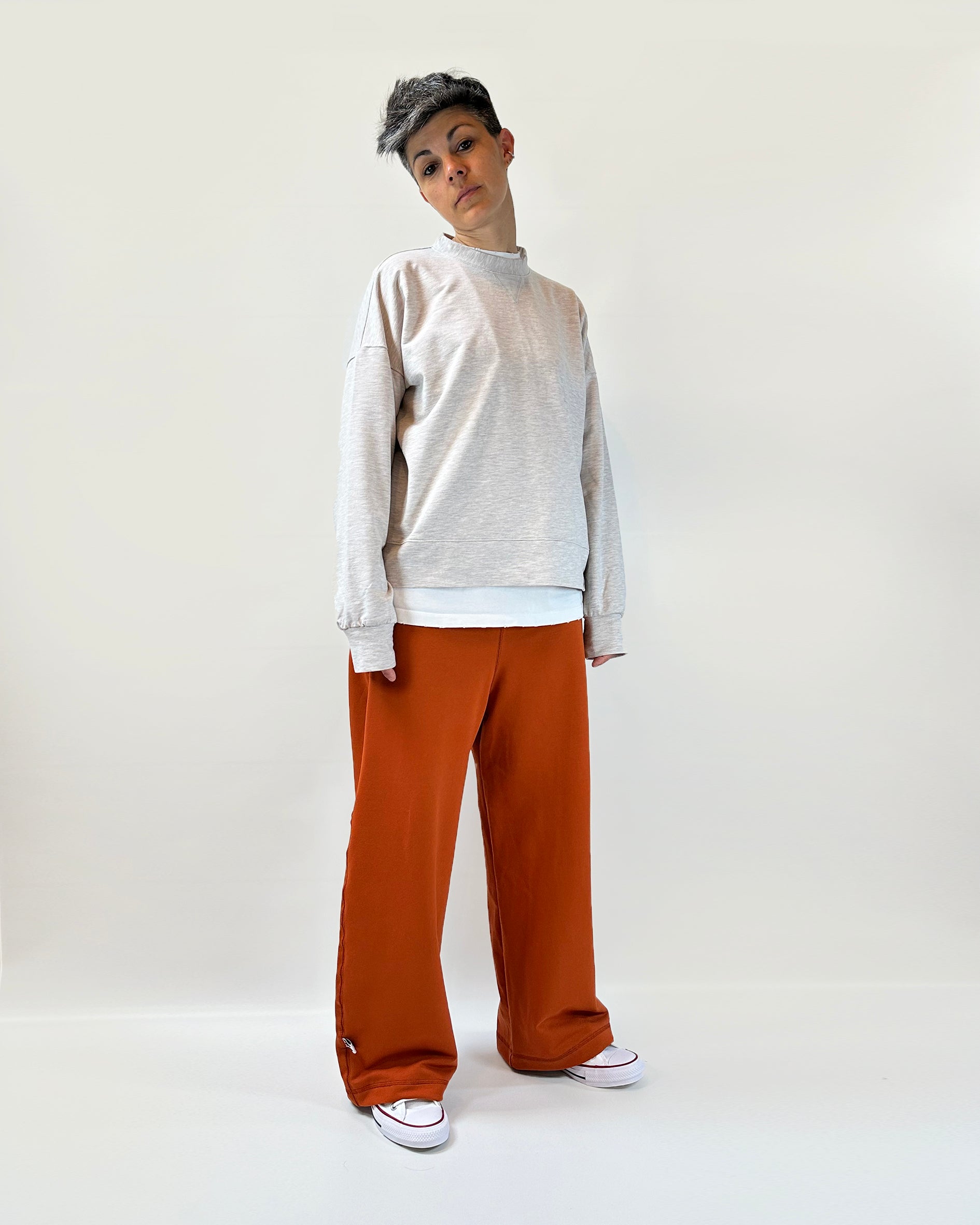 Pantalone a palazzo in cotone, cuciture a vista, elastico in vita, handmade